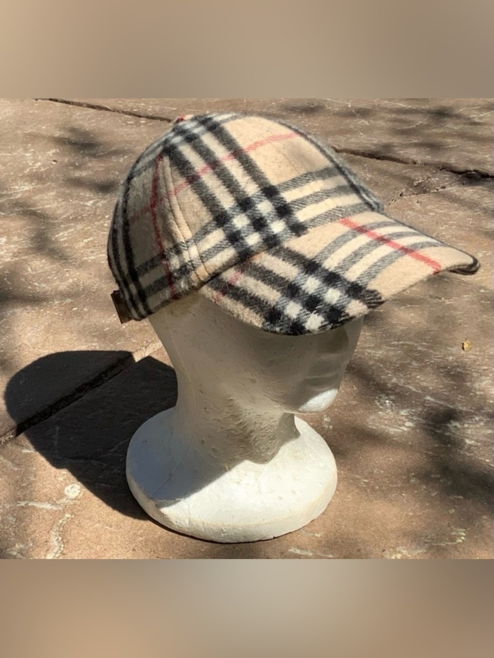 Burberry London 100% Cashmere Nova Check Beige Plaid Cap w/ Black and Red Checks
